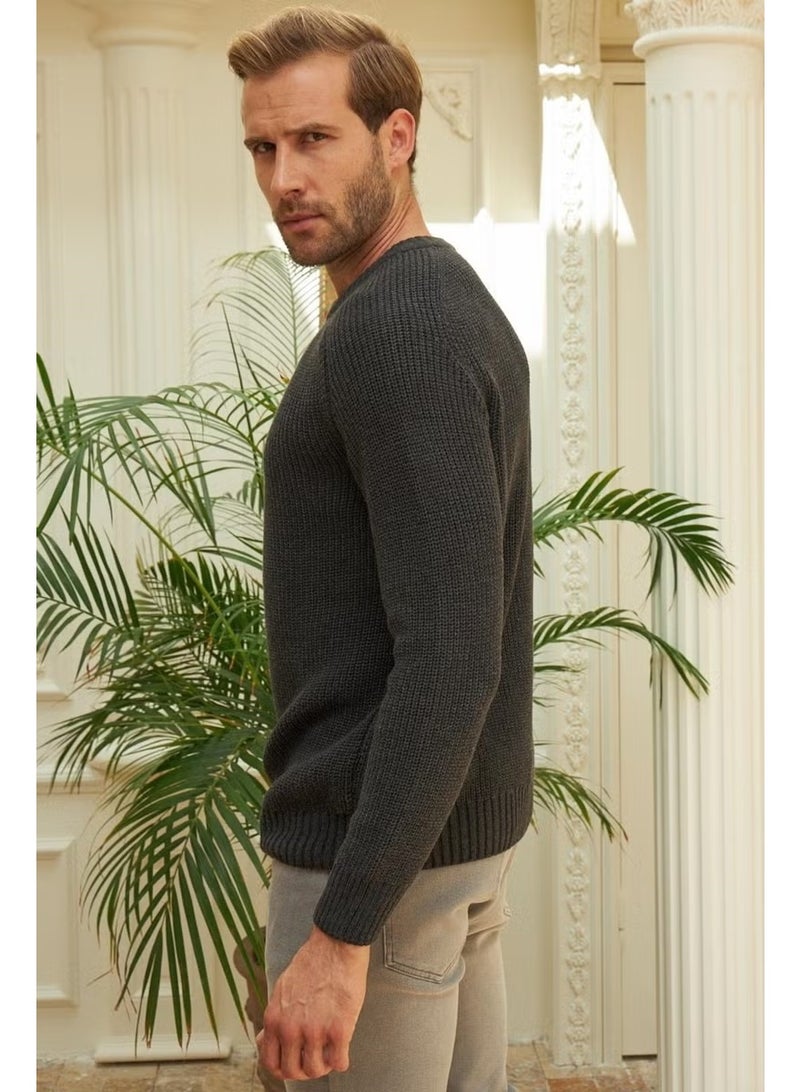 Odelon Crew Neck Selanik Knitted Cotton Men's Anthracite Knitwear Sweater - Image 4